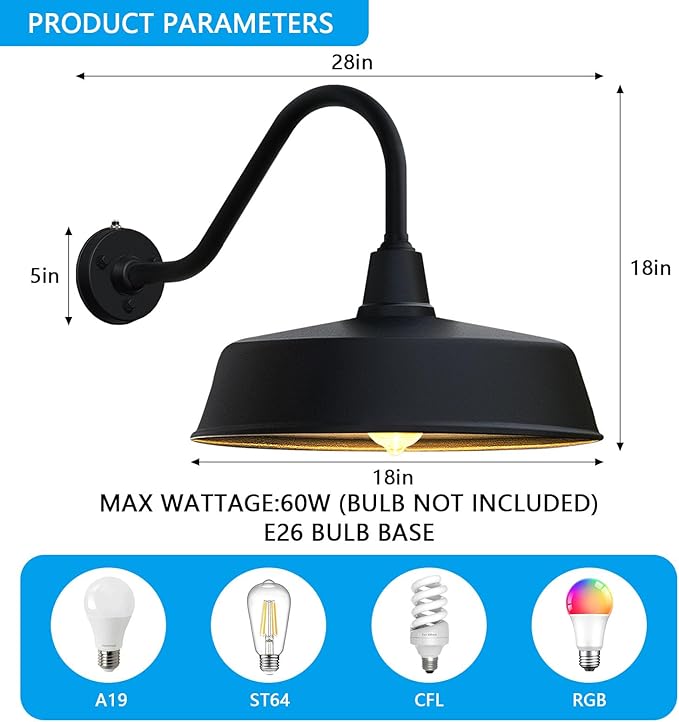 JOESA Large 18 Outdoor Gooseneck Barn Light - Rustic Barn Wall Sconce Dusk to Dawn Exterior Light Fixture for Porch &amp House - 1-Pack