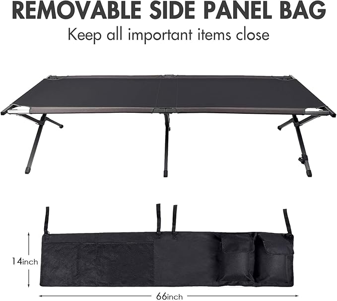 Portal Folding Portable Camping Cot Guest Bed with Carry Bag and Side Storage Organizer Camping Cots for Adults Sleeping Away Tent Sleeping Cot Bed Supports 300 LBS Black