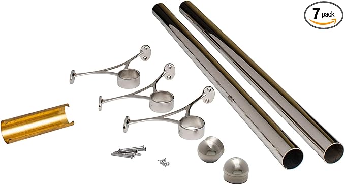 OUTWATER 2 Diameter x 7' Bar Foot Rail Kit – Complete Undercounter Mount Hardware and Tubing Dome End Cap Polished Chrome Finish