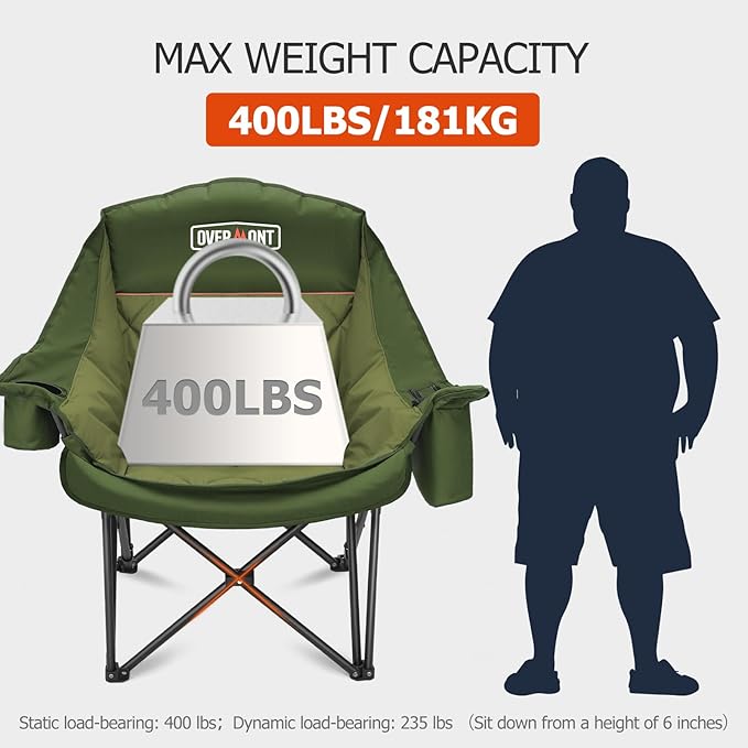 Overmont Oversized XL Camping Chair for Adults - 400lbs Support Heavy-Duty Padded Folding Chair with Side Pocket Cup Holder Cooling Bag for Outdoor Sports Garden Beach Fishing Lawn Green