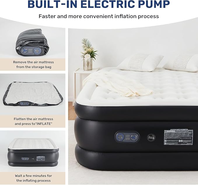 Simple Deluxe Camping Air Mattress with Built-in Electric High-Speed Pump Blow Up Inflatable Airbed with Carrying Bag for Home Guests &amp Travel Waterproof Foldable Portable