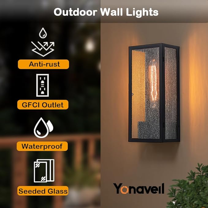 Porch Light with GFCI Outlet Matte Black Exterior Lighting Fixtures Waterproof Aluminum Outdoor Light Fixture with Seeded Glass Anti-Rust Outdoor Wall Lights for House