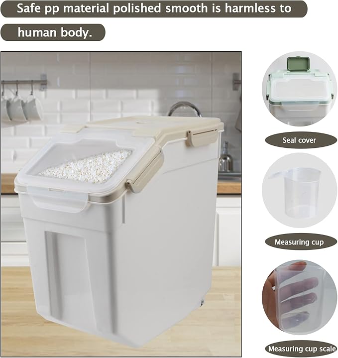 Large Flour Storage Container Bin 25lb 2Pack Airtight Rice Storage Containers with Wheels Seal Locking Lid BPA Free with Measuring Cup&ampScoop for Flour Rice Grain(Gray)