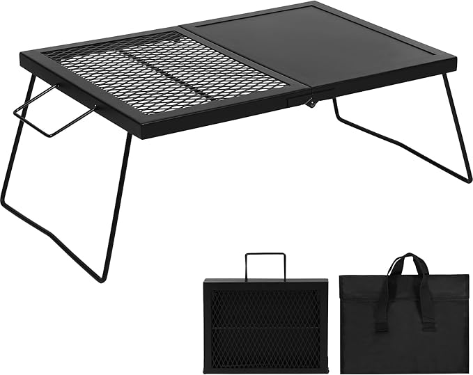 REDCAMP Folding Campfire Grill Heavy Duty Steel Mesh Grate 23.6 Portable Camping Grates Over Fire Pit Campfire Cook Equipment with Legs Carrying Bag Grilling Rack for Outdoor Open Flame Cooking
