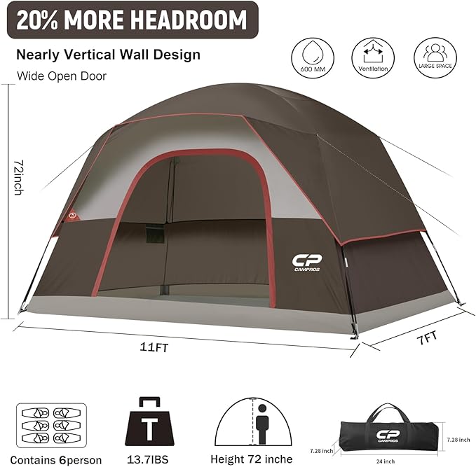 Tents for Camping 6 Person Tent Waterproof Windproof Double Layer Family Camping Tent Easy Setup Dome Tent with Large Mesh Windows &amp Wider Door for Outdoor Camping &amp Hiking