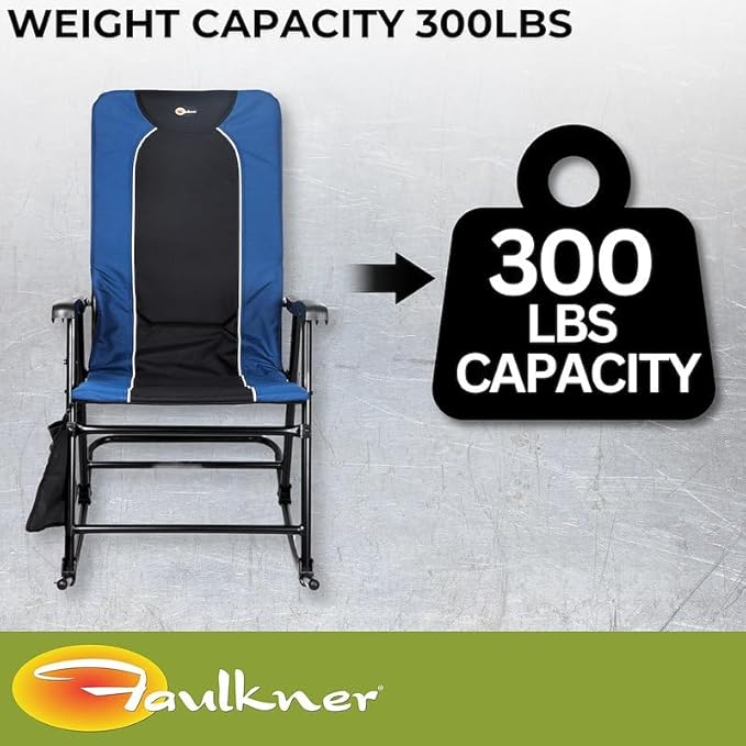 Faulkner Dakota Folding Rocking Chair – Blue/Black 42.1 x 22 300 lb Capacity Padded Camping Chair with Side Pouch Lightweight Steel Frame Folds for Easy Carry