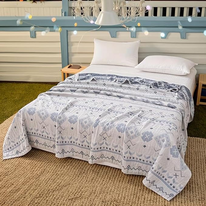 ITFRO Boho Cooling 3 Layer Cotton Muslin Blanket for Hot Sleepers Twin Size 60x80 Inches Lightweight Breathable Reversible Summer Camping Blanket All Seasons for Couch Sofa Bed (Boho Blue 60x80)