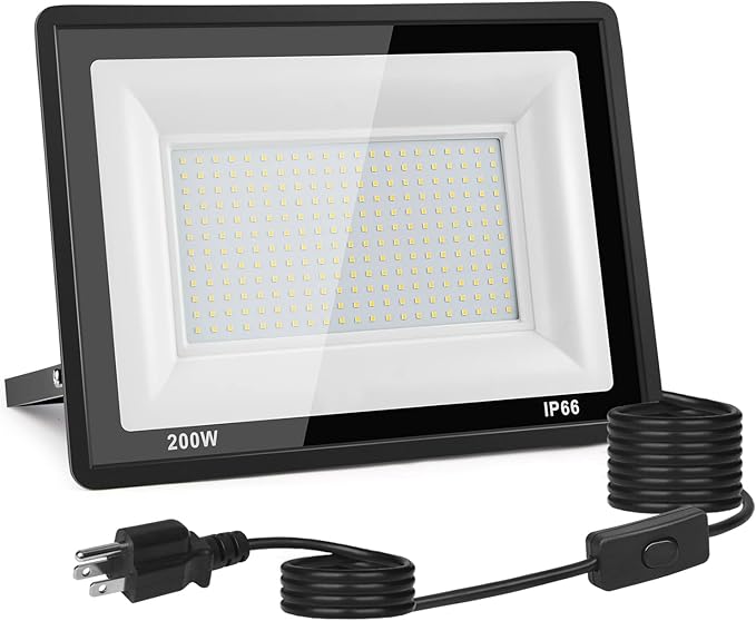 200W LED Flood Light Outdoor 20000LM Bright Plug-in Flood Lights with Switch IP66 Waterproof Exterior Security Lights LED Work Light for Garage Yard Garden Playground Stadium Arena