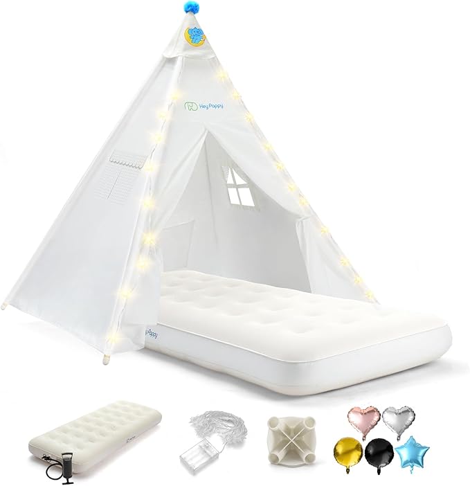 Teepee Tent for Kids with Inflatable Airbed String Lights Balloons Pump Washable Slumber Party Tent Indoor Outdoor for Girls Boys Children Tipi Playhouse for Playtime and Sleepover