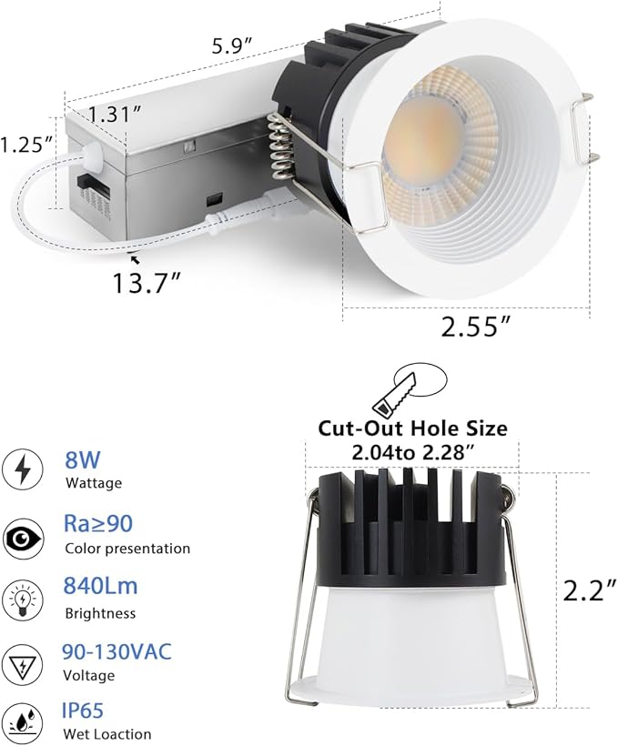 Adetu 2 Inch 5CCT Anti-Glare LED Downlight with Junction Box 2700K/3000K/4000K/5000K Selectable CRI90+ 8W COB 840LM IP65 Waterproof Dimmable-ETL and Energy Star Certified (White 6 Pack)