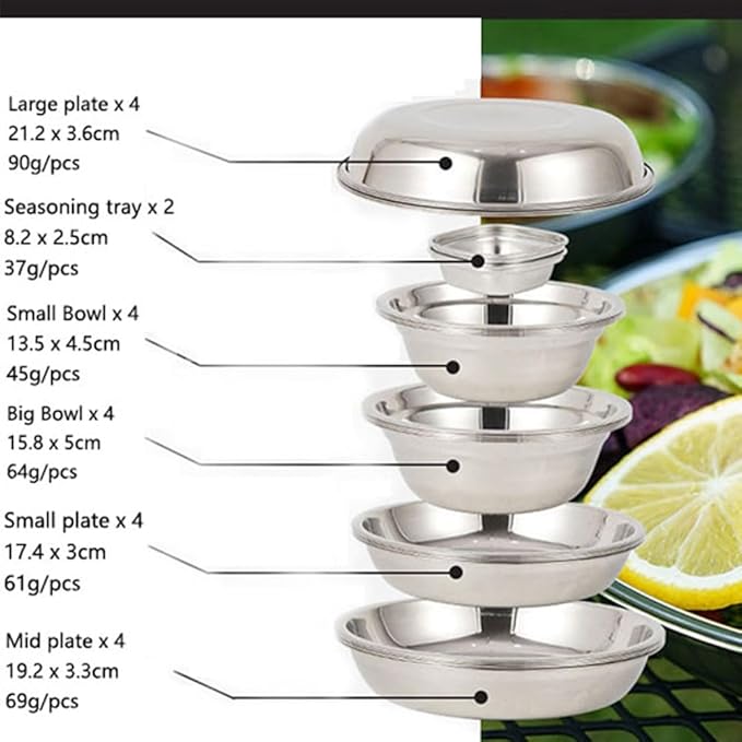 22PCS Service Plate Set with Travel Bag Stainless Steel Plates and Bowls Camping Set for Outdoor Camping Hiking Picnic BBQ Beach