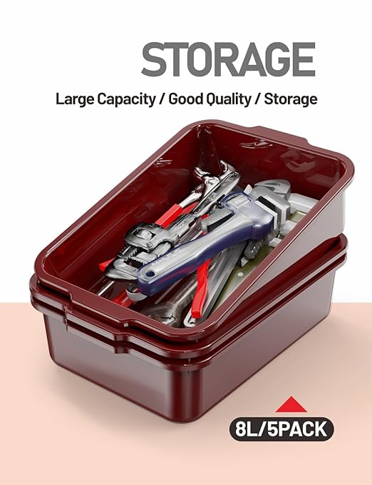 5-Pack Commercial Bus Tubs Box/Tote Box Wine Red Plastic Storage Bin with Handles/Wash Basin Tub (8 Liter)