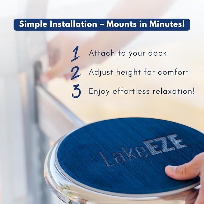 LakeEze Swim Stool (Navy Blue Pair) – Premium Dock Accessory for Water Seating – Adjustable Height for Docks Pools &amp Waterside Use – Built-in Cup Holder – UV-Resistant Durable Made in The USA