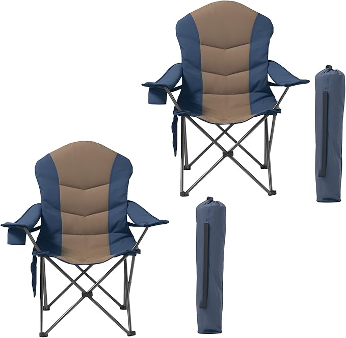 Oversized Camping Chair Heavy Duty- Portable Folding Chair Cup Holder &amp Waterproof Phone Case for Adults Beach Hiking Backyard (Blue &amp Brown 2 PCS)