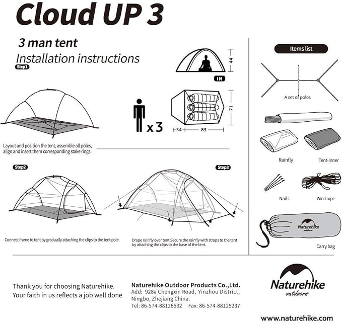 Naturehike Cloud Up 3 Person Backpacking Tent with Footprint - 3 Season Free Standing Lightweight 3 Person Camping Tent | with Footprint Free Standing Dome Camping Hiking Waterproof
