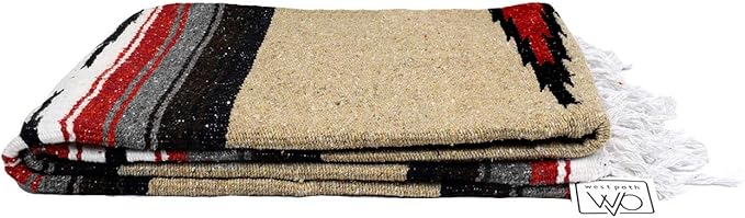 Open Road Goods Tan/Khaki Mexican Yoga Blanket - Thick Diamond Serape with Orange and Brown Stripes