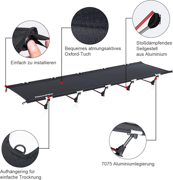 Naturehike GoWild Camping Cot for Adults Portable Sleeping Cot with Carry Bag Lightweight Tent cot Camping Bed for Camp Outdoor/Office Home Nap (Black EU
