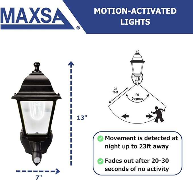 Maxsa 44219 Premium Wireless Battery-Powered Motion-Activated Decorative Outdoor Wall Sconce Lighting Fixture Cool White LED Metal Housing Black