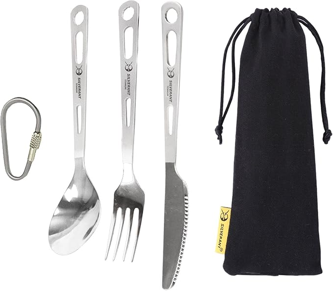 SILVERANT Titanium Camping Flatware Knife Fork &amp Spoon 3 Piece Camping Cutlery Set Lightweight Tableware for Lunch Box Outdoor Camping &amp Hiking Comes with Drawstring Bag &amp Carabiner- Pol