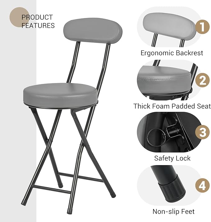 Cushioned Padded Folding Stools Folding Bar Stool with Backrest 220lb Capacity 19 Inch Collapsible Round Portable Foldable Chair for Outdoor Indoor Kitchen Camping Fishing (Grey 2 Pack)