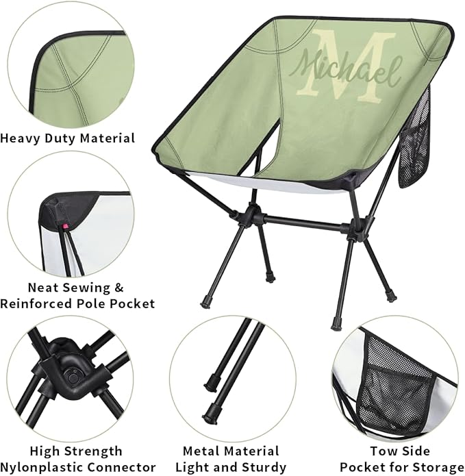 Custom Sage Green Portable Camping Chair Personalized Backpacking Chair with Name Lightweight Foldable Chairs for Hiking Beach