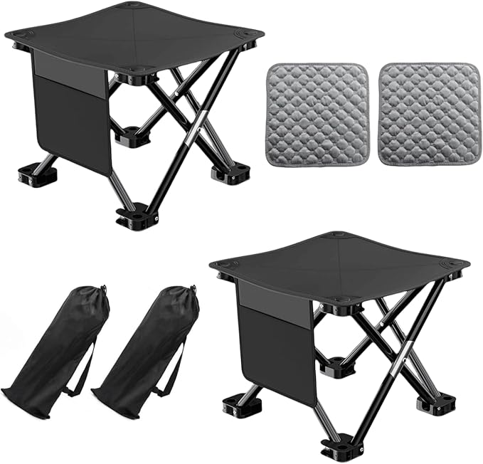 2 Pack 13 Inch Portable Camping Stool(Black)Collapsible Stool with Carry Bag Convenient for Travel BBQFishing Hiking Outdoor Folding Stool with a Non-Slip seat Cushion (Cotton lint)