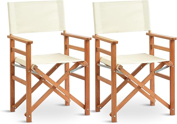 VINGLI Widen Folding Director Chair Set of 2 with Sturdy Wooden Frame &amp Beige Canvas Portable Durable for Outdoor Patio Camping Use Off-White