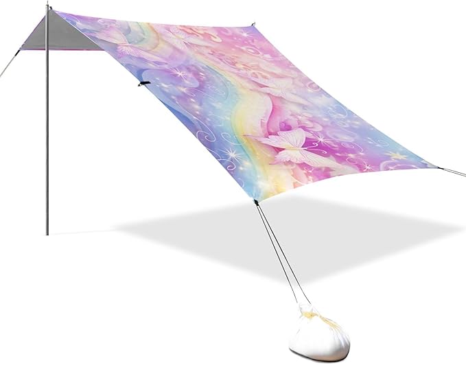 ALAZA Butterfly Unicorn Rainbow Beach Tent Sun Shelter UPF50+ Protection Beach Shade Canopy w/ 4 Sandbags for Outdoor Camping Fishing Backyard Fun Picnic 10x9 ft