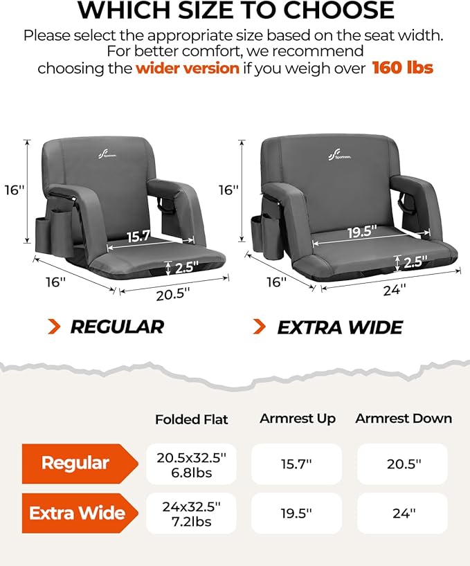 Sportneer Stadium Seats with Back Support: 2.5'' Thick Comfy Cushion 6 Adjustable Angle Bleacher Seat with Armrest - 2 Large Pockets 2 Cup Holders Stadium Chair for Sport Events Concerts Parks