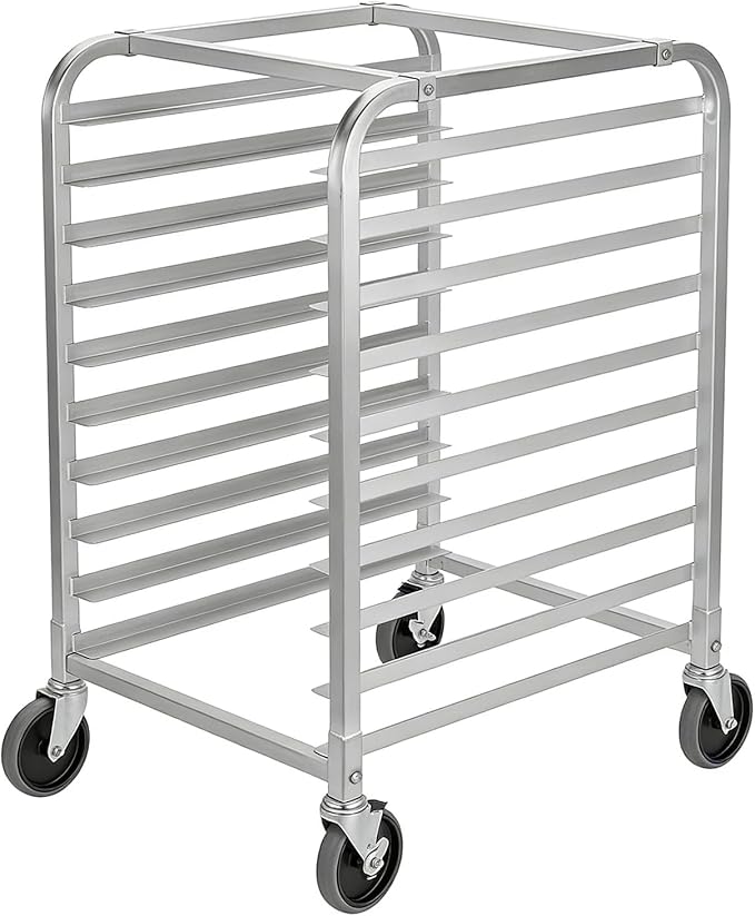 10 Tier Aluminum Bun Pan Rack - 20 W x 26 D x 39 H Lockable Wheels Mobile Cooling Trolley - for Kitchen &amp Bakery