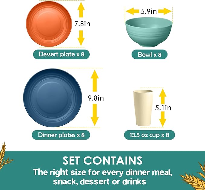 Teivio 32-Piece Kitchen Plastic Wheat Straw Dinnerware Set Service for 8 Dinner Plates Dessert Plate Cereal Bowls Cups for Everyday Dining Unbreakable Plastic Outdoor Camping Dishes Colorful