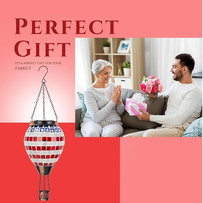Flag Hot Air Balloon Solar Lantern Mosica Glass Hanging Solar Lanterns Outdoor Waterproof for Garden Yard Patio Decor