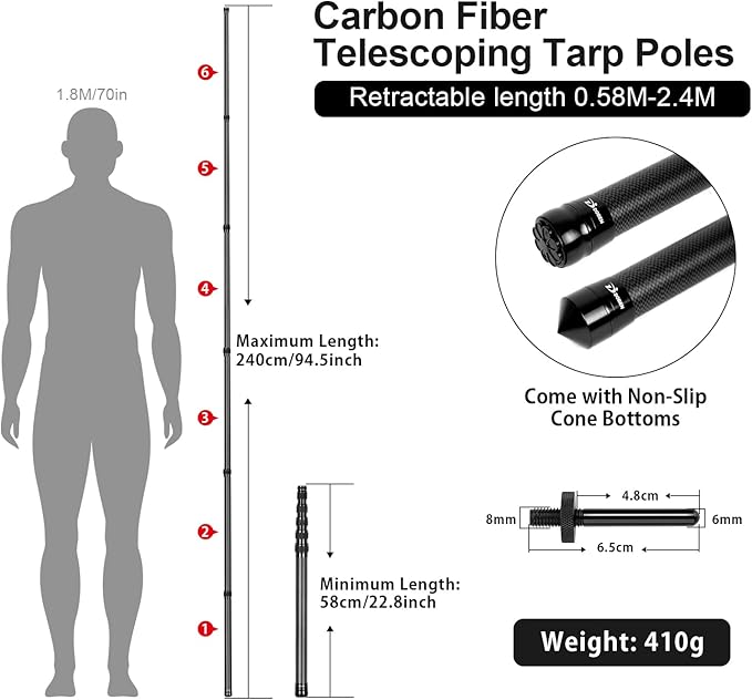 Telescopic Tarp Poles Canopy Adjustable Carbon Fiber Poles Set of 2 Portable &amp Lightweight Tent Tarps for Awning Camping Hiking 94.5