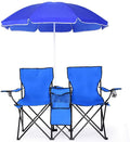 Goujxcy Portable Double Folding Picnic Chairs Beach Camping Chair W/Umbrella Mini Table Beverage Holder Carrying Bag for Beach Patio Pool Park Outdoor