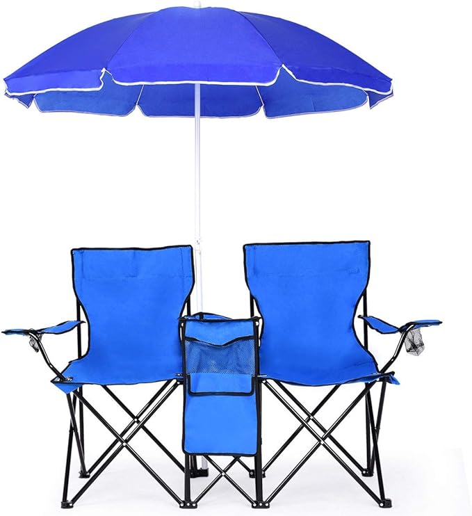 Goujxcy Portable Double Folding Picnic Chairs Beach Camping Chair W/Umbrella Mini Table Beverage Holder Carrying Bag for Beach Patio Pool Park Outdoor