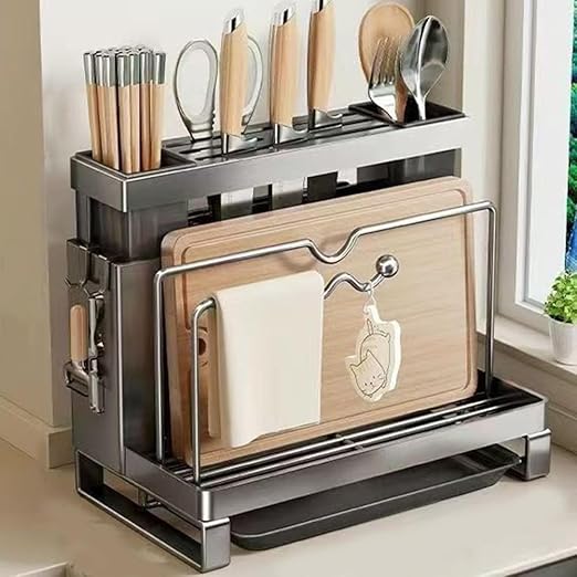 Kitchen Knife Block Organizer with Drip Tray | Ventilated Countertop Storage for Knives Cutting Boards &amp Pot Lids | Space Saving Keeps Dry(GrayB)