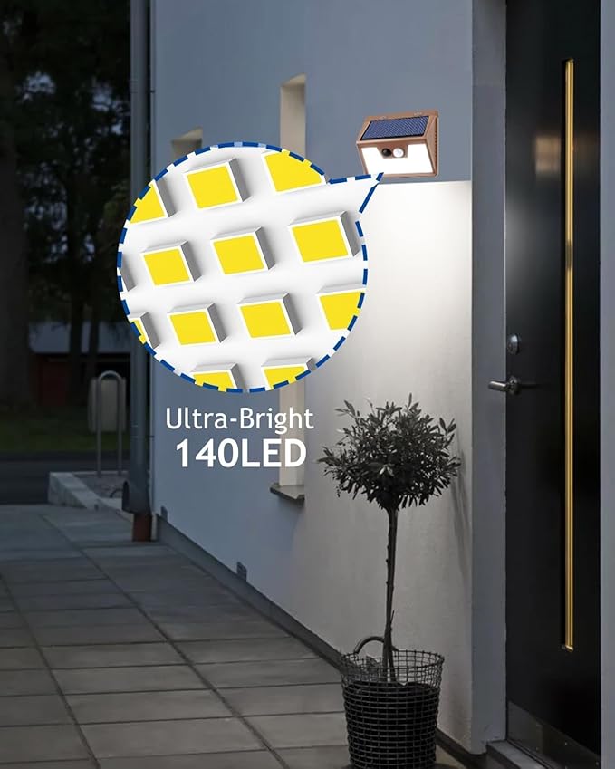 Peasur Solar Lights for Outside [10 Pack/140LED/Brown] Motion Sensor Outdoor Lights Ultra-Bright Solar Security Light 3 Working Modes Waterproof for Outside Garden Yard