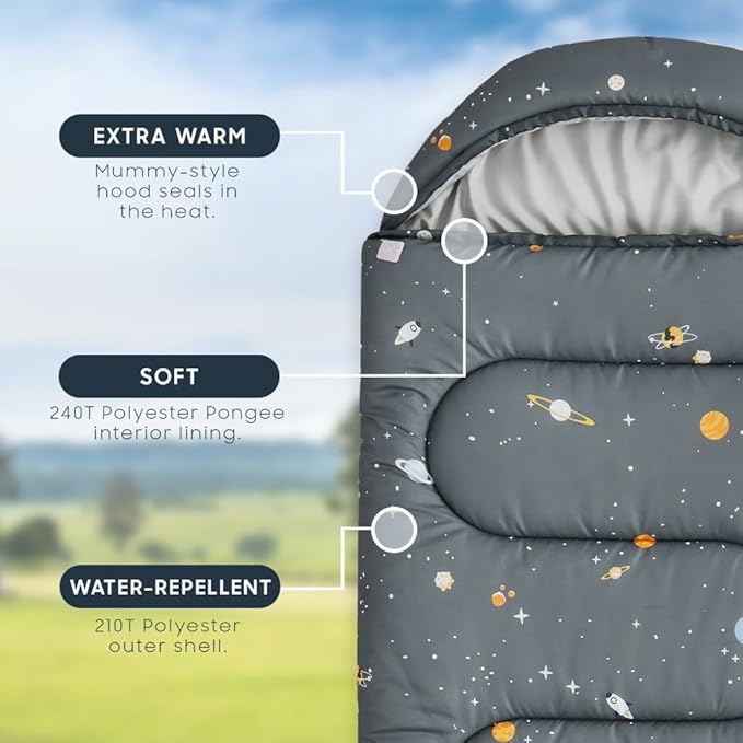 Wake In Cloud - Kids Sleeping Bag for Boys Toddlers Camping in Warm Cold Weather Backpacking Lightweight Compact Outdoor Liner for 3 Seasons Galaxy Space