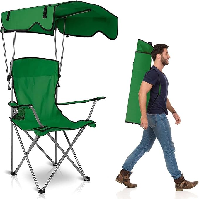 Camping Chair with Canopy Outdoor Folding Lounge Chair with Adjustable UPF 50+ Sun Shade &amp Cup Holder Portable Camping Recliner for Camp Beach Outdoor Sports 350LB Max Support - U.S Spot