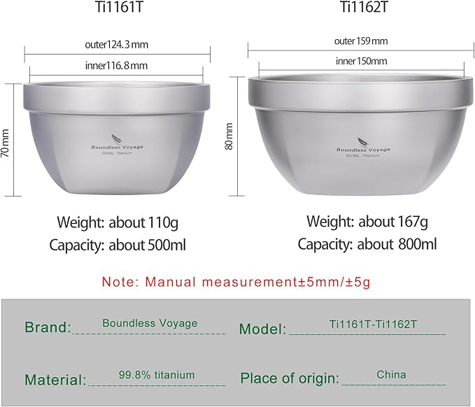 Boundless Voyage Titanium Double Walled Bowl - Ultralight Portable Tableware for Oatmeal Rice Soup Yogurt - Outdoor Camping Metal Bowl (500ml)