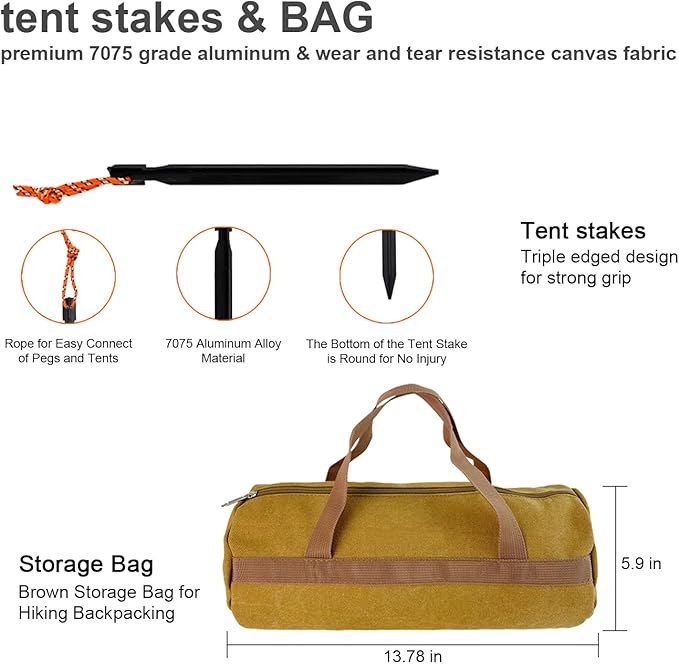 8 Pack Tent Stakes Camping Accessories Kit and Camping Hammer with Canvas Storage Bag for Outdoor Tent &amp tarp-Essential Accessories Carbon Steel Aluminum Camping Hammer for Hiking Kit