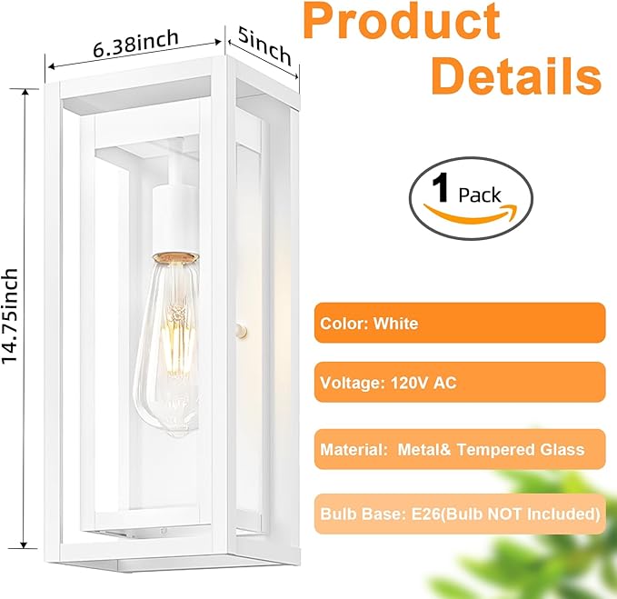 15 Large Outdoor Light Fixture Wall Mount White Outdoor Sconce Lights Modern Waterproof Exterior Porch Lights with Clear Glass Shade for Front Door Garage 1 Pack