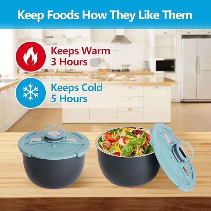 Double-Walled Stainless Steel Insulated Serving Bowl with Leak - Proof Lid - Insulated Casserole Dish - Keeps Food Warm and Cold for Hours - Perfect for Holidays Parties Camping - (5QT Blue)