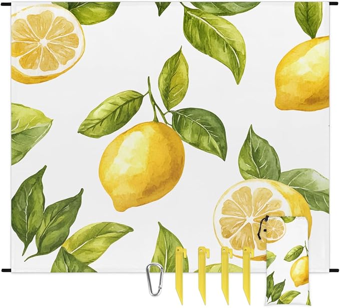 Waterproof Sandproof Beach Blanket 59''×68'' Sweet Lemon Polyester Outdoor Picnic Blanket with 4 Stakes &amp Storage Bag for BeachCampingVacation White