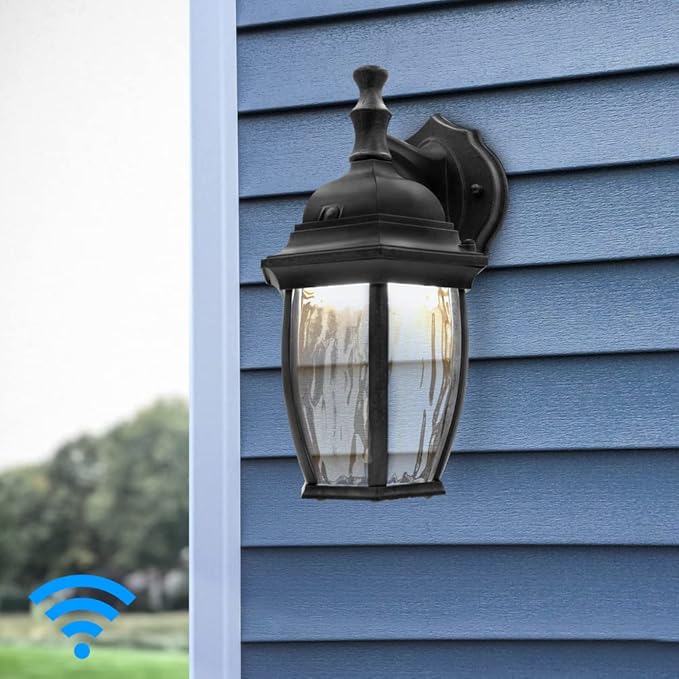 Maxxima Luvoni Smart WiFi LED Outdoor Wall Light Black w/Clear Water Glass App Controlled Porch Lantern 850 Lumens CCT 2700K - 6500K Dimmable Works with Google Home/Alexa