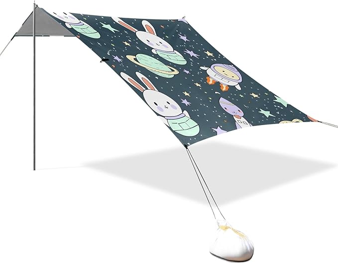 Space Rabbit Cute Alien Spaceship Little Stars Camping Sun Shelter Beach Tent Portable Beach Sun Shade Outdoor Canopy for Camping Trips Fishing Picnic