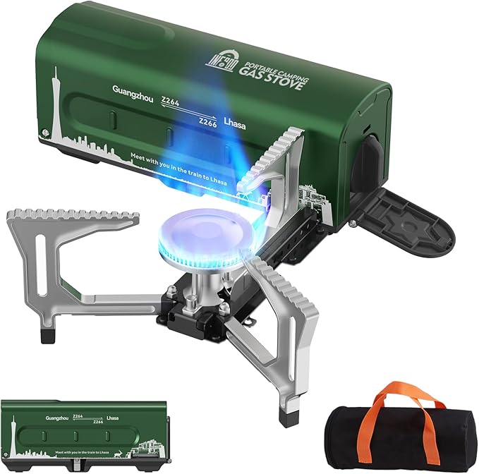 INFOOD Portable Butane Gas Camping Stove - 7500 BTU Compact Folding Design with Carry Bag for Backpacking RV Trips Picnic &amp Outdoor Indoor Cooking Green