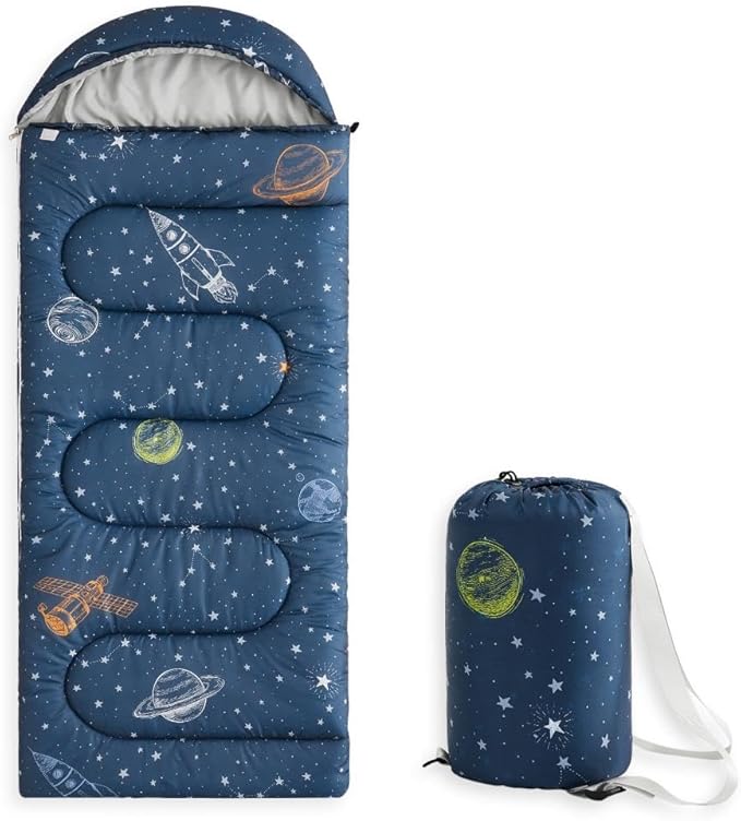 Wake In Cloud - Kids Sleeping Bag for Boys Toddlers Camping in Warm Cold Weather Backpacking Lightweight Compact Outdoor Liner for 3 Seasons Space Stars Rockets Galaxy