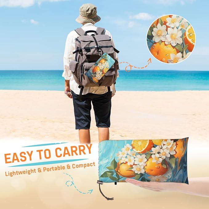 Waterproof Sandproof Beach Blanket 59''×68'' Fruit Orange Polyester Outdoor Picnic Blanket with 4 Stakes &amp Storage Bag for BeachCampingVacation Golden Yellow
