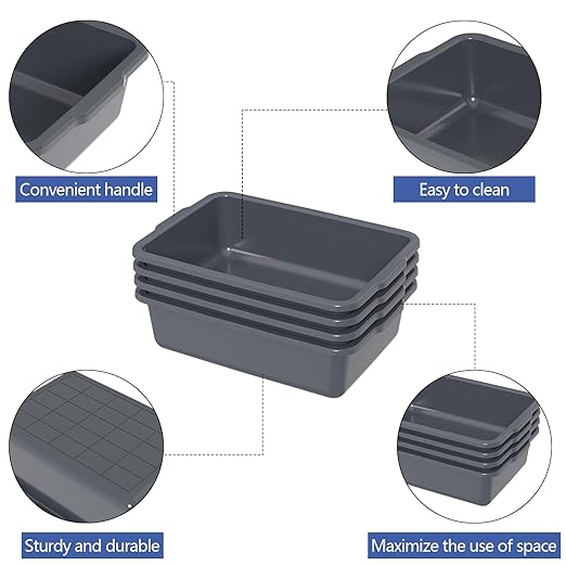 4-Pack 35 L Large Bus Bins Restaurant Commercial Dish Tub Gray